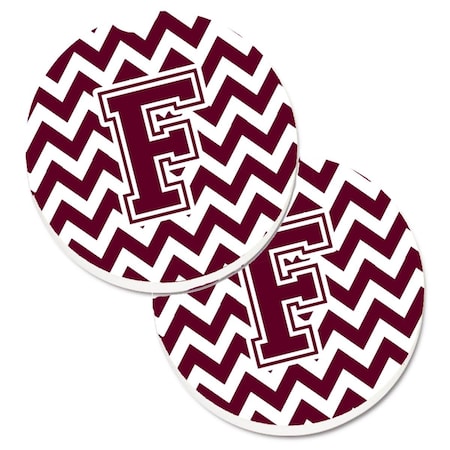 Carolines Treasures Letter F Chevron Maroon and White Set of 2 Cup Holder Car Coaster CJ1051-FCARC